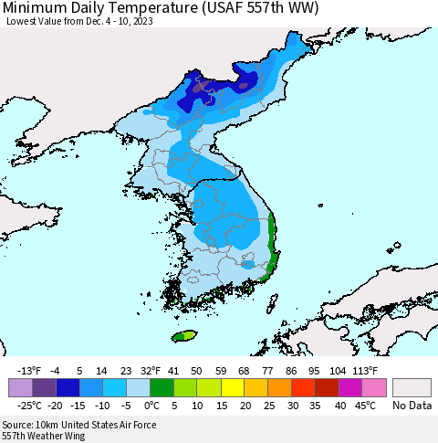 Korea Minimum Daily Temperature (USAF 557th WW) Thematic Map For 12/4/2023 - 12/10/2023