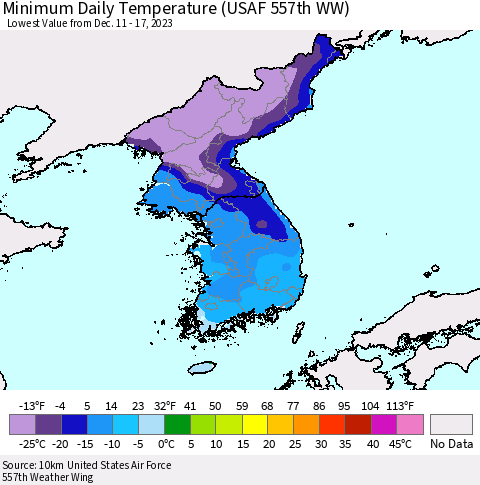 Korea Minimum Daily Temperature (USAF 557th WW) Thematic Map For 12/11/2023 - 12/17/2023