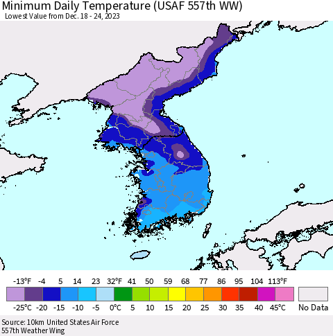 Korea Minimum Daily Temperature (USAF 557th WW) Thematic Map For 12/18/2023 - 12/24/2023
