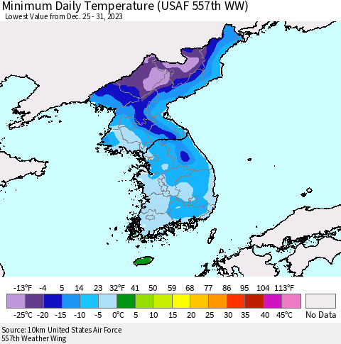 Korea Minimum Daily Temperature (USAF 557th WW) Thematic Map For 12/25/2023 - 12/31/2023