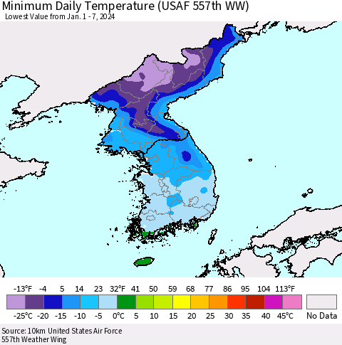 Korea Minimum Daily Temperature (USAF 557th WW) Thematic Map For 1/1/2024 - 1/7/2024