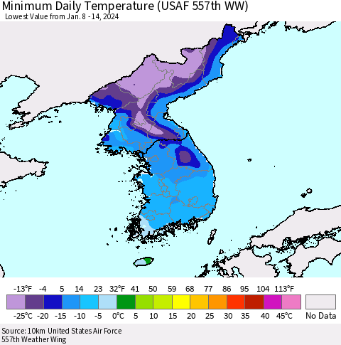 Korea Minimum Daily Temperature (USAF 557th WW) Thematic Map For 1/8/2024 - 1/14/2024
