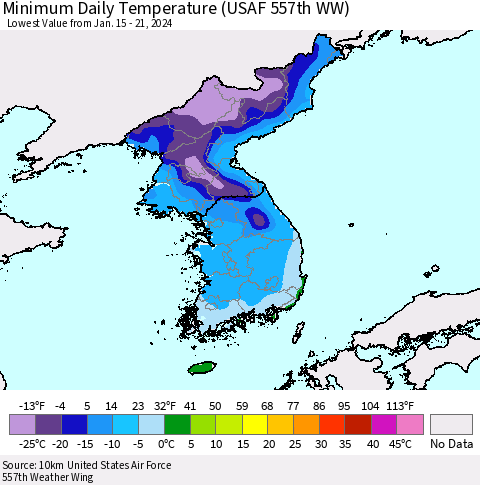 Korea Minimum Daily Temperature (USAF 557th WW) Thematic Map For 1/15/2024 - 1/21/2024