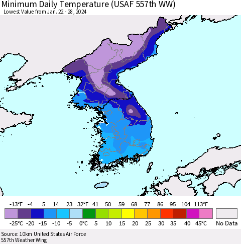 Korea Minimum Daily Temperature (USAF 557th WW) Thematic Map For 1/22/2024 - 1/28/2024