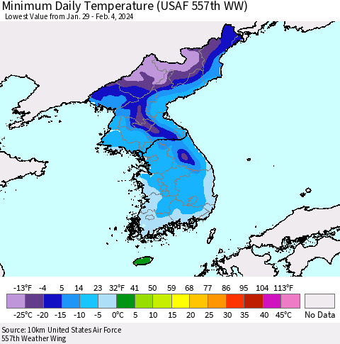 Korea Minimum Daily Temperature (USAF 557th WW) Thematic Map For 1/29/2024 - 2/4/2024