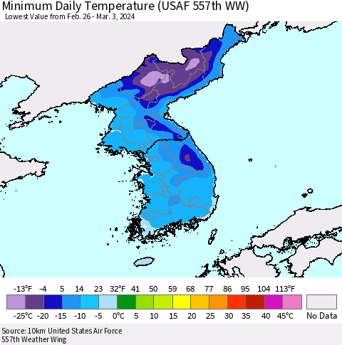 Korea Minimum Daily Temperature (USAF 557th WW) Thematic Map For 2/26/2024 - 3/3/2024