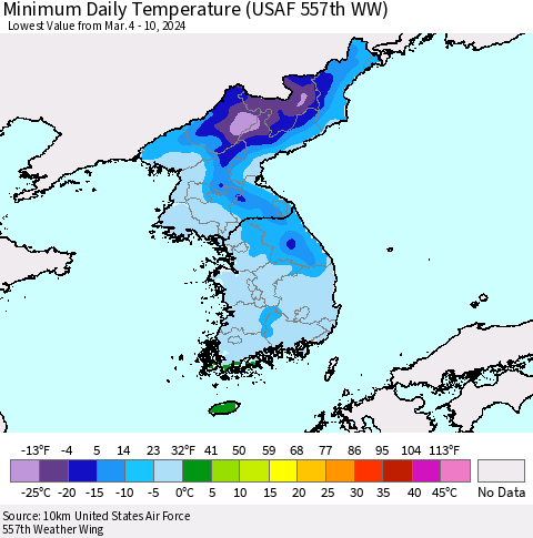 Korea Minimum Daily Temperature (USAF 557th WW) Thematic Map For 3/4/2024 - 3/10/2024