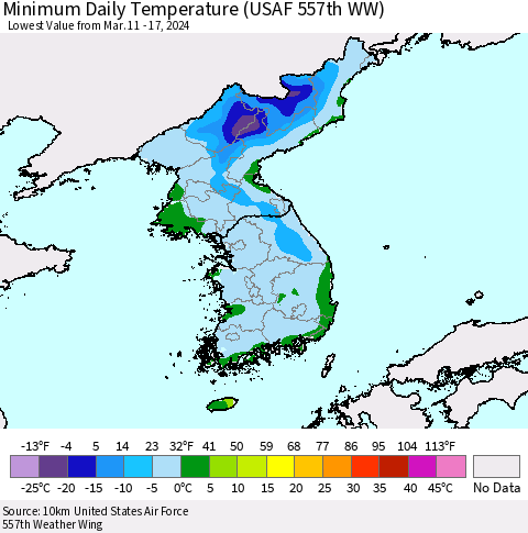 Korea Minimum Daily Temperature (USAF 557th WW) Thematic Map For 3/11/2024 - 3/17/2024