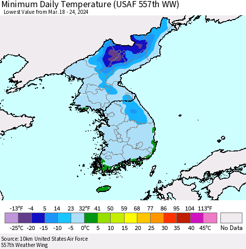 Korea Minimum Daily Temperature (USAF 557th WW) Thematic Map For 3/18/2024 - 3/24/2024