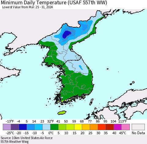 Korea Minimum Daily Temperature (USAF 557th WW) Thematic Map For 3/25/2024 - 3/31/2024