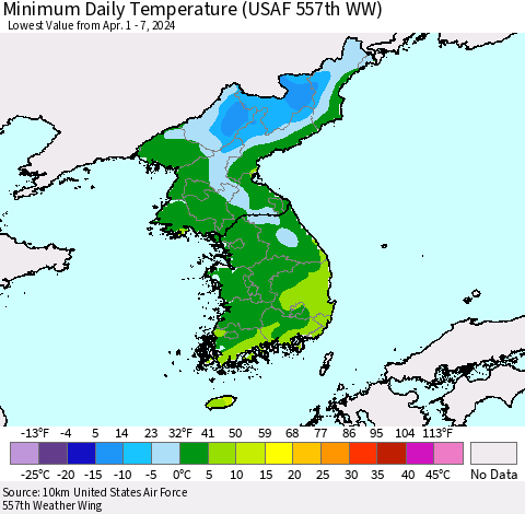 Korea Minimum Daily Temperature (USAF 557th WW) Thematic Map For 4/1/2024 - 4/7/2024