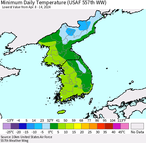 Korea Minimum Daily Temperature (USAF 557th WW) Thematic Map For 4/8/2024 - 4/14/2024