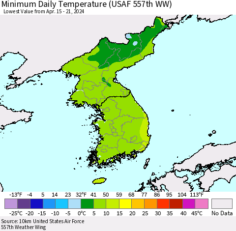 Korea Minimum Daily Temperature (USAF 557th WW) Thematic Map For 4/15/2024 - 4/21/2024