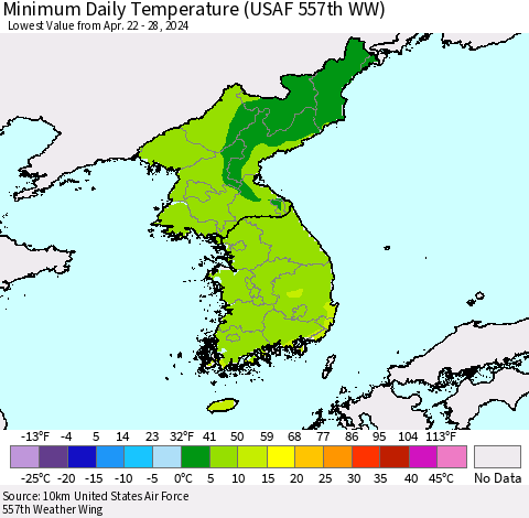 Korea Minimum Daily Temperature (USAF 557th WW) Thematic Map For 4/22/2024 - 4/28/2024