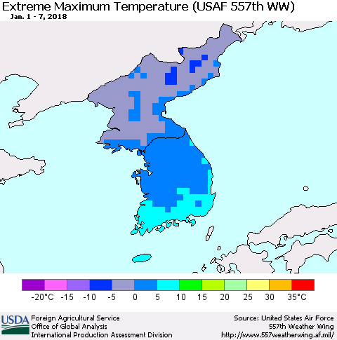 Korea Maximum Daily Temperature (USAF 557th WW) Thematic Map For 1/1/2018 - 1/7/2018