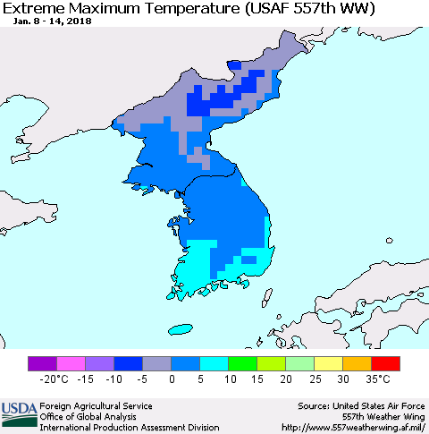 Korea Maximum Daily Temperature (USAF 557th WW) Thematic Map For 1/8/2018 - 1/14/2018
