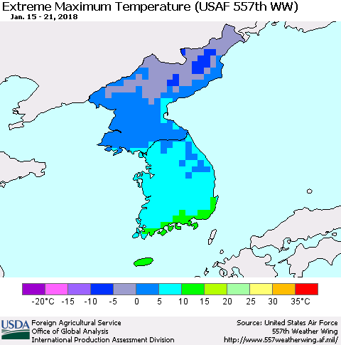 Korea Maximum Daily Temperature (USAF 557th WW) Thematic Map For 1/15/2018 - 1/21/2018