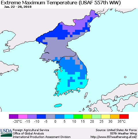 Korea Maximum Daily Temperature (USAF 557th WW) Thematic Map For 1/22/2018 - 1/28/2018