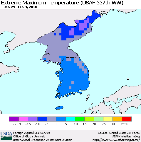 Korea Maximum Daily Temperature (USAF 557th WW) Thematic Map For 1/29/2018 - 2/4/2018
