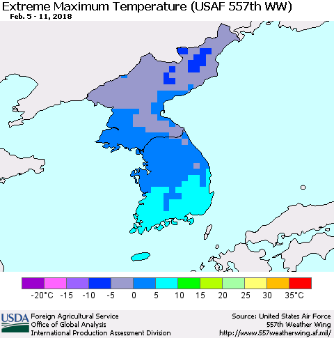 Korea Maximum Daily Temperature (USAF 557th WW) Thematic Map For 2/5/2018 - 2/11/2018