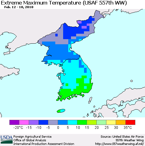 Korea Maximum Daily Temperature (USAF 557th WW) Thematic Map For 2/12/2018 - 2/18/2018