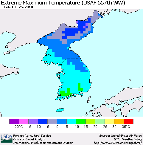 Korea Maximum Daily Temperature (USAF 557th WW) Thematic Map For 2/19/2018 - 2/25/2018