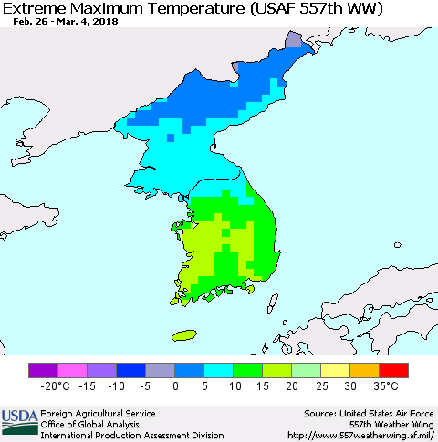 Korea Maximum Daily Temperature (USAF 557th WW) Thematic Map For 2/26/2018 - 3/4/2018