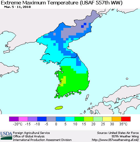 Korea Maximum Daily Temperature (USAF 557th WW) Thematic Map For 3/5/2018 - 3/11/2018