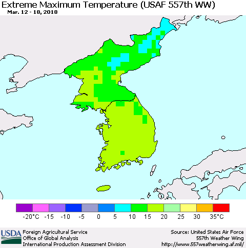 Korea Maximum Daily Temperature (USAF 557th WW) Thematic Map For 3/12/2018 - 3/18/2018