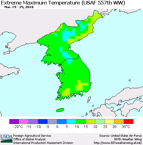 Korea Maximum Daily Temperature (USAF 557th WW) Thematic Map For 3/19/2018 - 3/25/2018