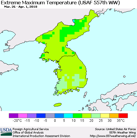 Korea Maximum Daily Temperature (USAF 557th WW) Thematic Map For 3/26/2018 - 4/1/2018