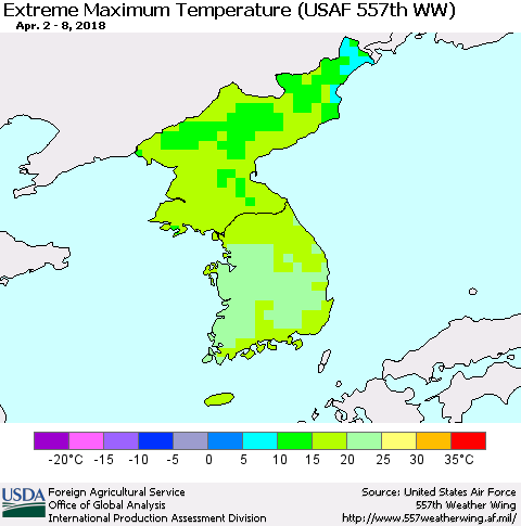 Korea Maximum Daily Temperature (USAF 557th WW) Thematic Map For 4/2/2018 - 4/8/2018