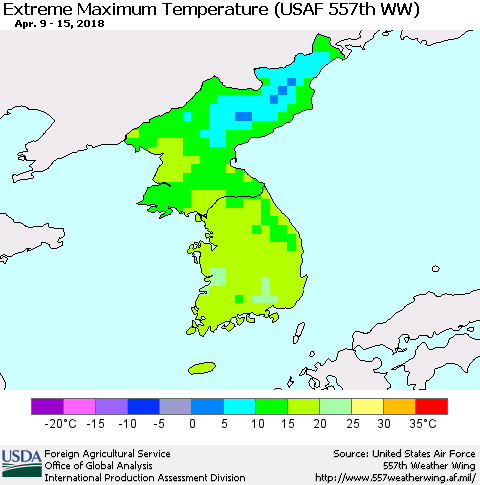 Korea Maximum Daily Temperature (USAF 557th WW) Thematic Map For 4/9/2018 - 4/15/2018