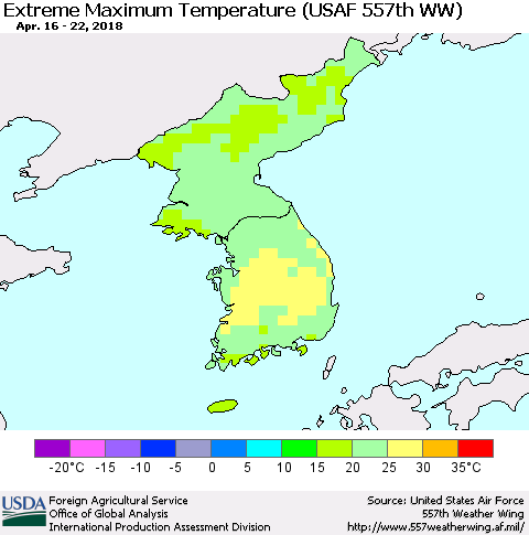 Korea Maximum Daily Temperature (USAF 557th WW) Thematic Map For 4/16/2018 - 4/22/2018