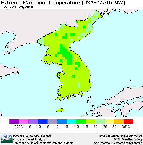 Korea Maximum Daily Temperature (USAF 557th WW) Thematic Map For 4/23/2018 - 4/29/2018