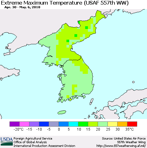Korea Maximum Daily Temperature (USAF 557th WW) Thematic Map For 4/30/2018 - 5/6/2018