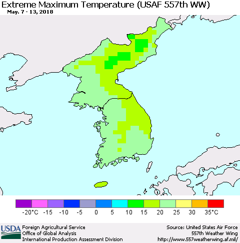 Korea Maximum Daily Temperature (USAF 557th WW) Thematic Map For 5/7/2018 - 5/13/2018