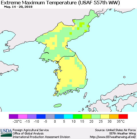 Korea Maximum Daily Temperature (USAF 557th WW) Thematic Map For 5/14/2018 - 5/20/2018