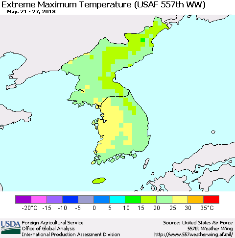 Korea Maximum Daily Temperature (USAF 557th WW) Thematic Map For 5/21/2018 - 5/27/2018