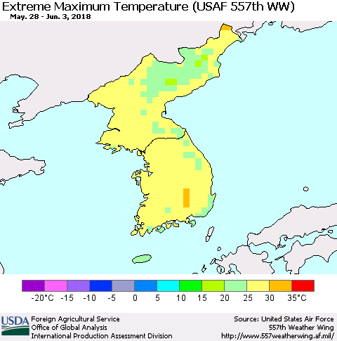 Korea Maximum Daily Temperature (USAF 557th WW) Thematic Map For 5/28/2018 - 6/3/2018