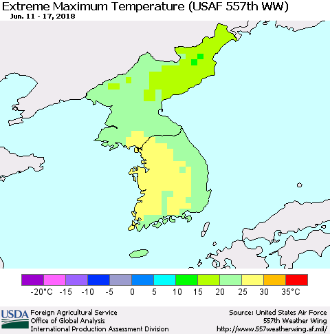 Korea Maximum Daily Temperature (USAF 557th WW) Thematic Map For 6/11/2018 - 6/17/2018