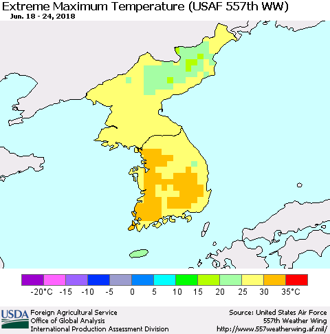 Korea Maximum Daily Temperature (USAF 557th WW) Thematic Map For 6/18/2018 - 6/24/2018