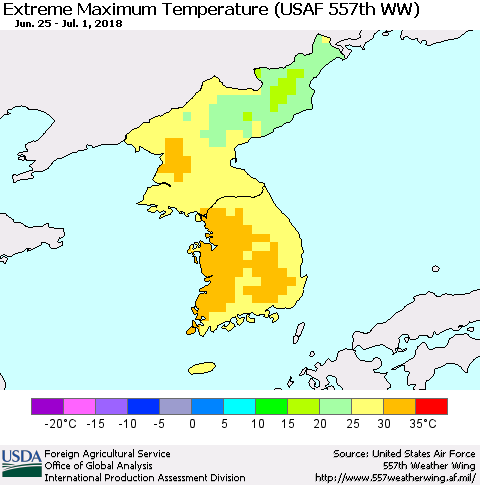 Korea Maximum Daily Temperature (USAF 557th WW) Thematic Map For 6/25/2018 - 7/1/2018