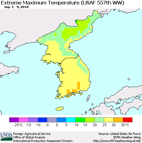 Korea Maximum Daily Temperature (USAF 557th WW) Thematic Map For 9/3/2018 - 9/9/2018