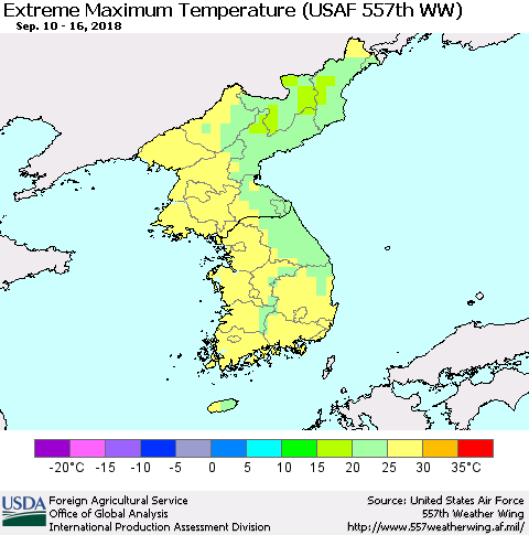 Korea Maximum Daily Temperature (USAF 557th WW) Thematic Map For 9/10/2018 - 9/16/2018