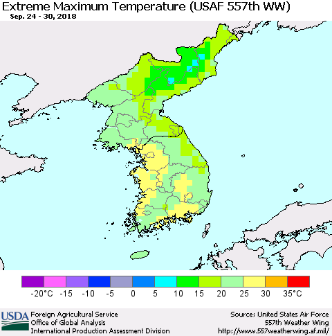 Korea Maximum Daily Temperature (USAF 557th WW) Thematic Map For 9/24/2018 - 9/30/2018