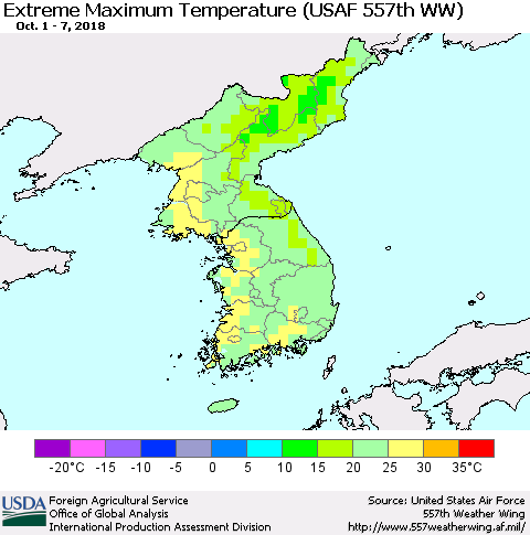 Korea Maximum Daily Temperature (USAF 557th WW) Thematic Map For 10/1/2018 - 10/7/2018