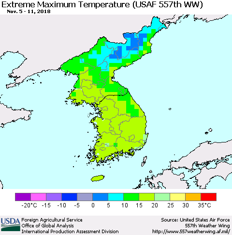 Korea Maximum Daily Temperature (USAF 557th WW) Thematic Map For 11/5/2018 - 11/11/2018