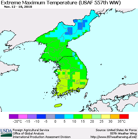 Korea Maximum Daily Temperature (USAF 557th WW) Thematic Map For 11/12/2018 - 11/18/2018