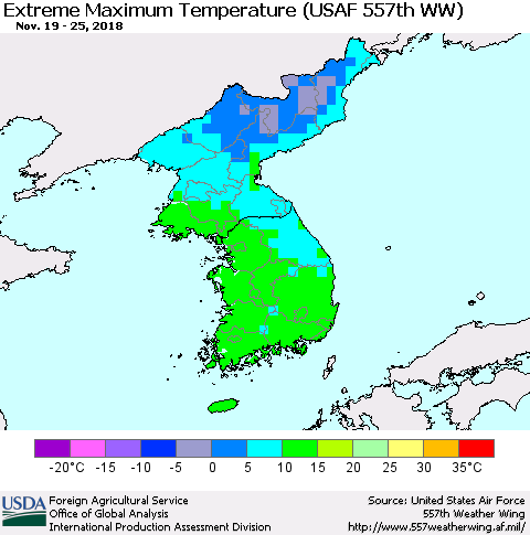 Korea Maximum Daily Temperature (USAF 557th WW) Thematic Map For 11/19/2018 - 11/25/2018